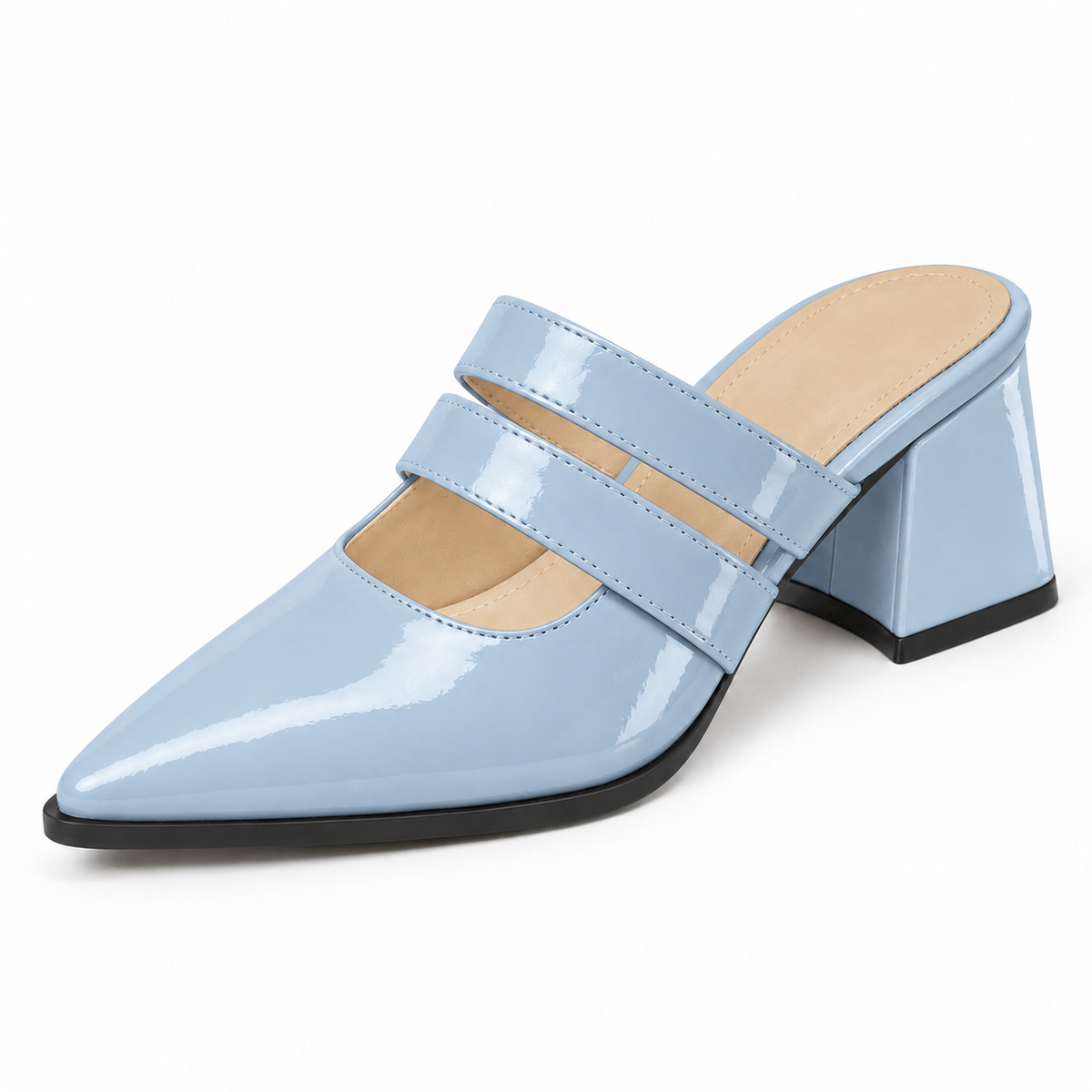 Double Strap Mules Light Blue – ميول حريمي بكعب جلد لامع بيبي بلو، من قدام – ECADRA