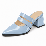 Double Strap Mules Light Blue – ميول حريمي بكعب جلد لامع بيبي بلو، من قدام – ECADRA