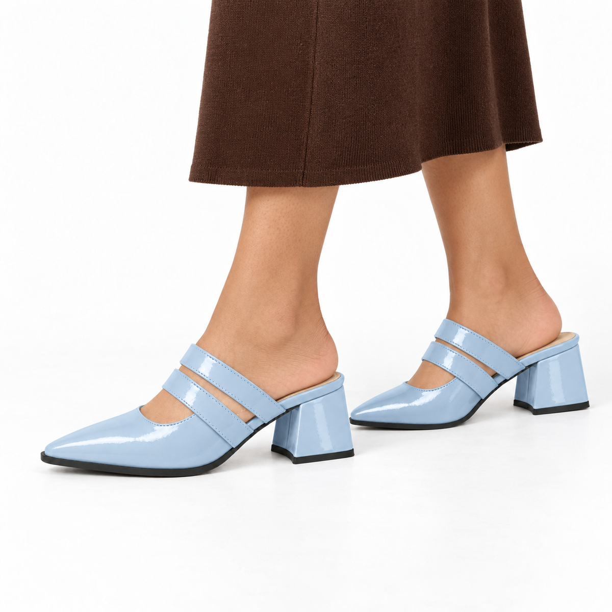 Double Strap Mules Light Blue – ميول حريمي بكعب جلد لامع بيبي بلو، على الرجل – ECADRA