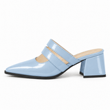 Double Strap Mules Light Blue – ميول حريمي بكعب جلد لامع بيبي بلو، من الجنب – ECADRA