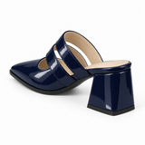 Double Strap Mules Navy – ميول حريمي بكعب جلد لامع كحلي، من ورا – ECADRA