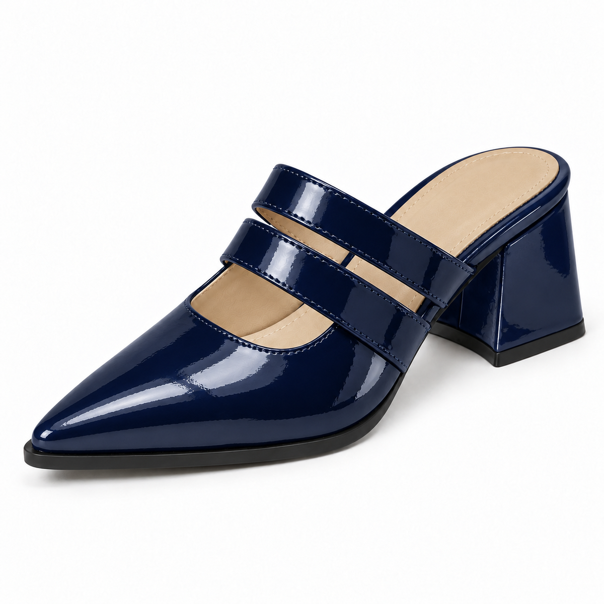 Double Strap Mules Navy – ميول حريمي بكعب جلد لامع كحلي، من قدام – ECADRA