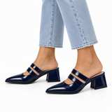 Double Strap Mules Navy – ميول حريمي بكعب جلد لامع كحلي، على الرجل – ECADRA