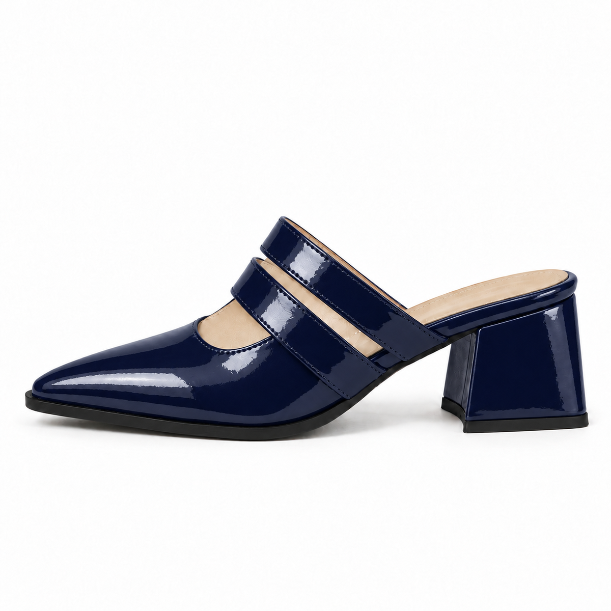 Double Strap Mules Navy – ميول حريمي بكعب جلد لامع كحلي، من الجنب – ECADRA
