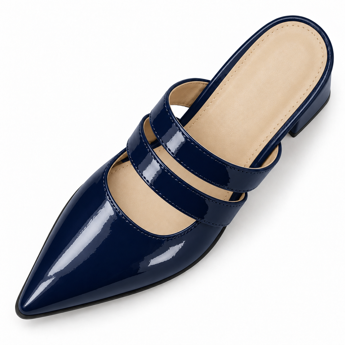 Double Strap Mules Navy – ميول حريمي بكعب جلد لامع كحلي، من فوق – ECADRA