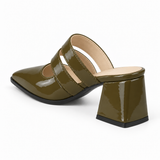 Double Strap Mules Olive – ميول حريمي بكعب جلد لامع زيتي، من ورا – ECADRA