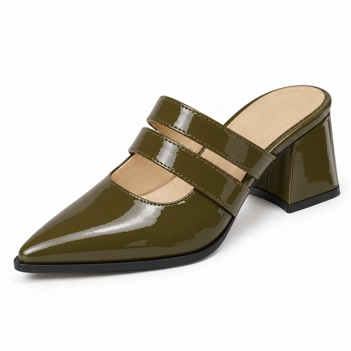Double Strap Mules Olive – ميول حريمي بكعب جلد لامع زيتي، من قدام – ECADRA