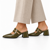 Double Strap Mules Olive – ميول حريمي بكعب جلد لامع زيتي، على الرجل – ECADRA