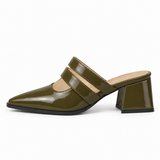 Double Strap Mules Olive – ميول حريمي بكعب جلد لامع زيتي، من الجنب – ECADRA