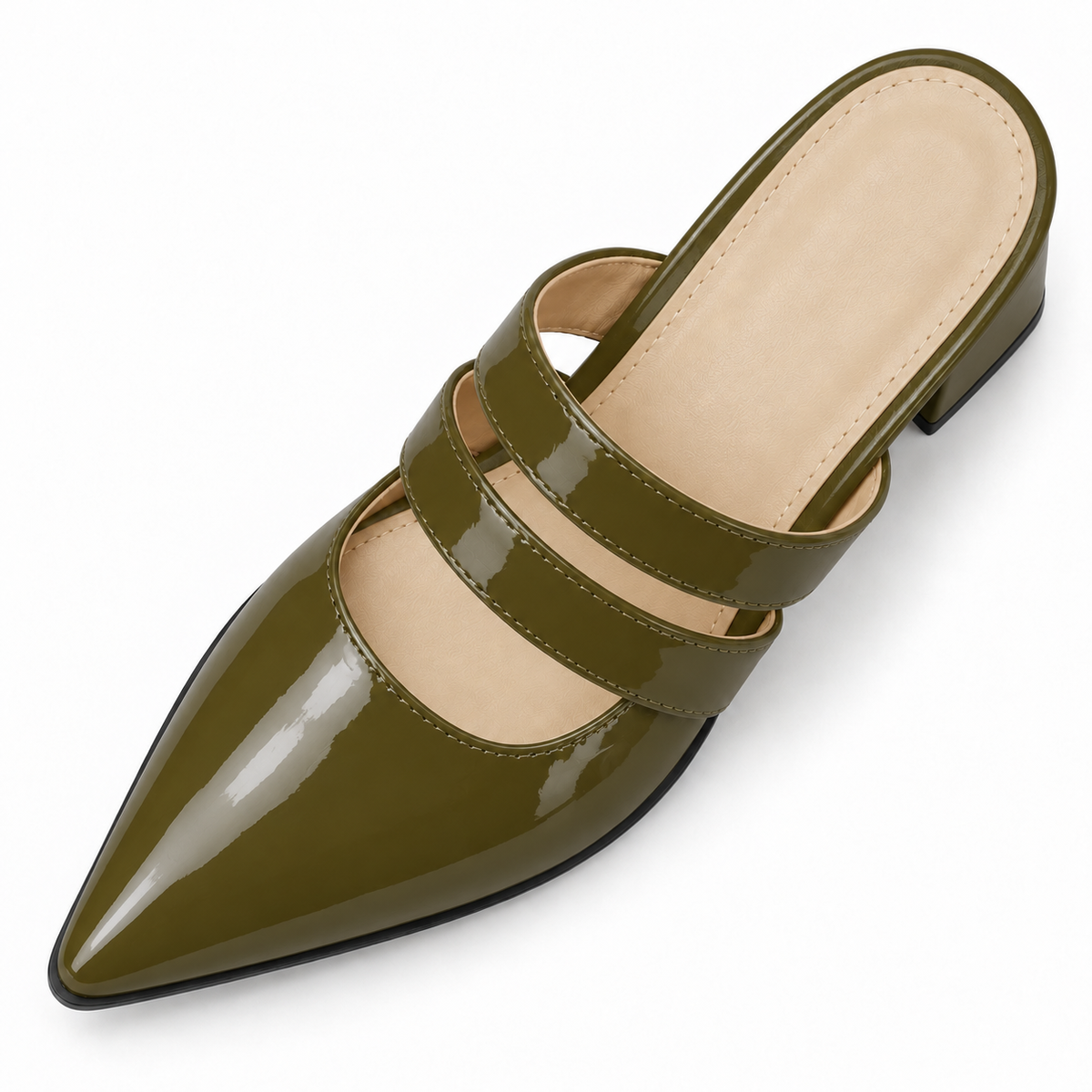 Double Strap Mules Olive – ميول حريمي بكعب جلد لامع زيتي، من فوق – ECADRA
