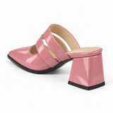 Double Strap Mules Rose – ميول حريمي بكعب جلد لامع روز، من ورا – ECADRA