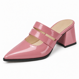 Double Strap Mules Rose – ميول حريمي بكعب جلد لامع روز، من قدام – ECADRA