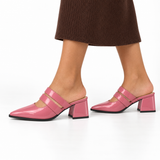 Double Strap Mules Rose – ميول حريمي بكعب جلد لامع روز، على الرجل – ECADRA