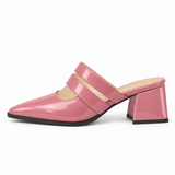 Double Strap Mules Rose – ميول حريمي بكعب جلد لامع روز، من الجنب – ECADRA