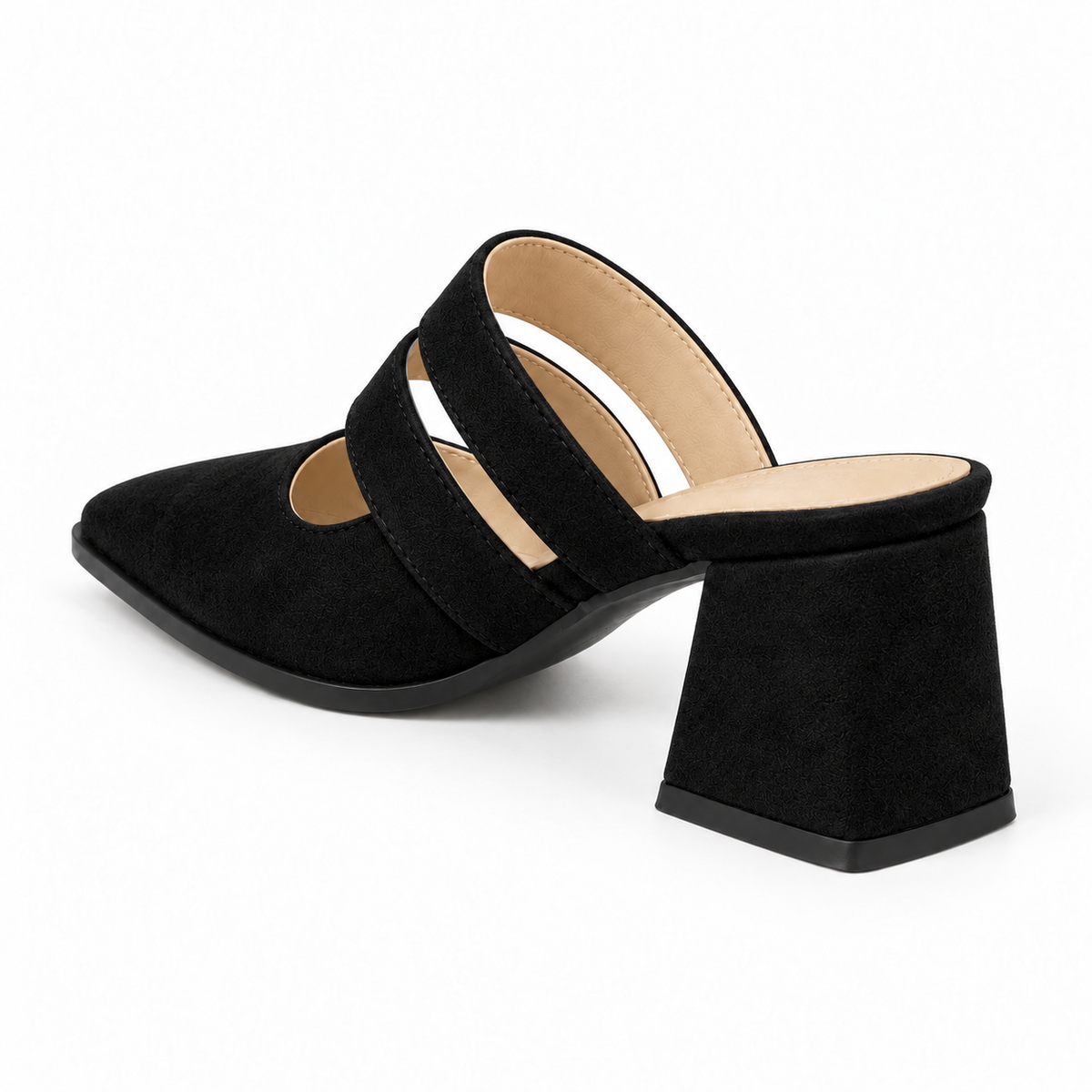 Double Strap Mules Black – ميول حريمي بكعب شمواه صناعي أسود، من ورا – ECADRA