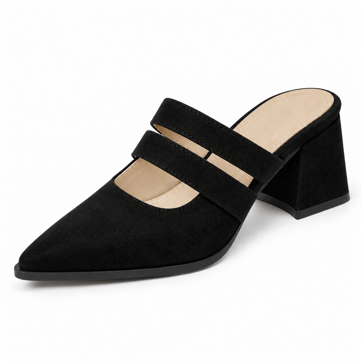 Double Strap Mules Black – ميول حريمي بكعب شمواه صناعي أسود، من قدام – ECADRA