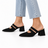 Double Strap Mules Black – ميول حريمي بكعب شمواه صناعي أسود، على الرجل – ECADRA