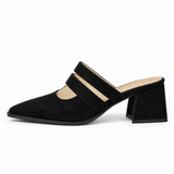Double Strap Mules Black – ميول حريمي بكعب شمواه صناعي أسود، من الجنب – ECADRA