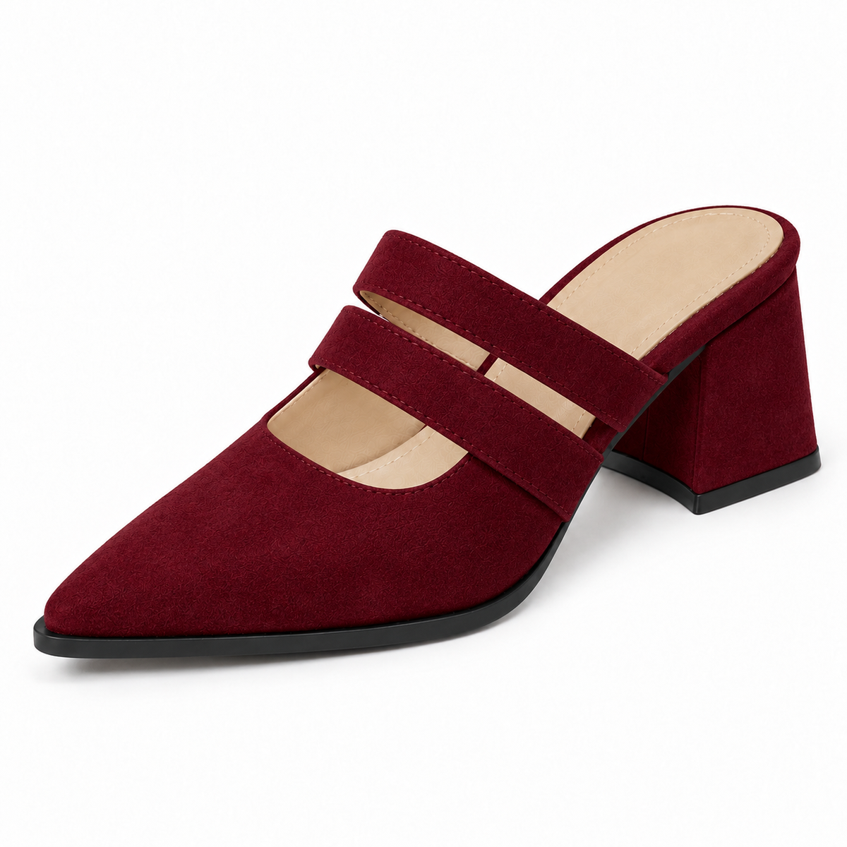 Double Strap Mules Burgundy – ميول حريمي بكعب شمواه صناعي نبيتي، من قدام – ECADRA