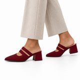 Double Strap Mules Burgundy – ميول حريمي بكعب شمواه صناعي نبيتي، على الرجل – ECADRA