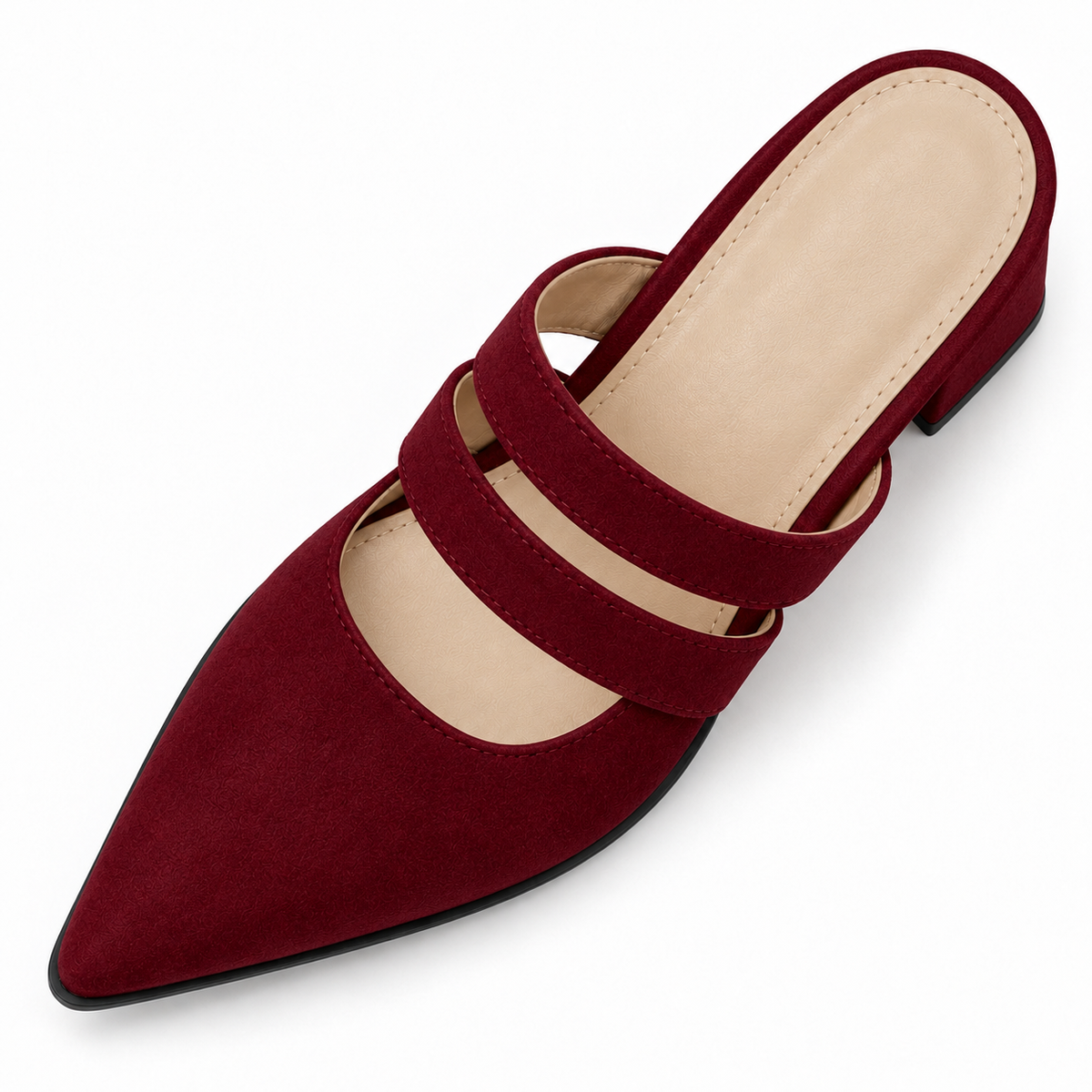 Double Strap Mules Burgundy – ميول حريمي بكعب شمواه صناعي نبيتي، من فوق – ECADRA