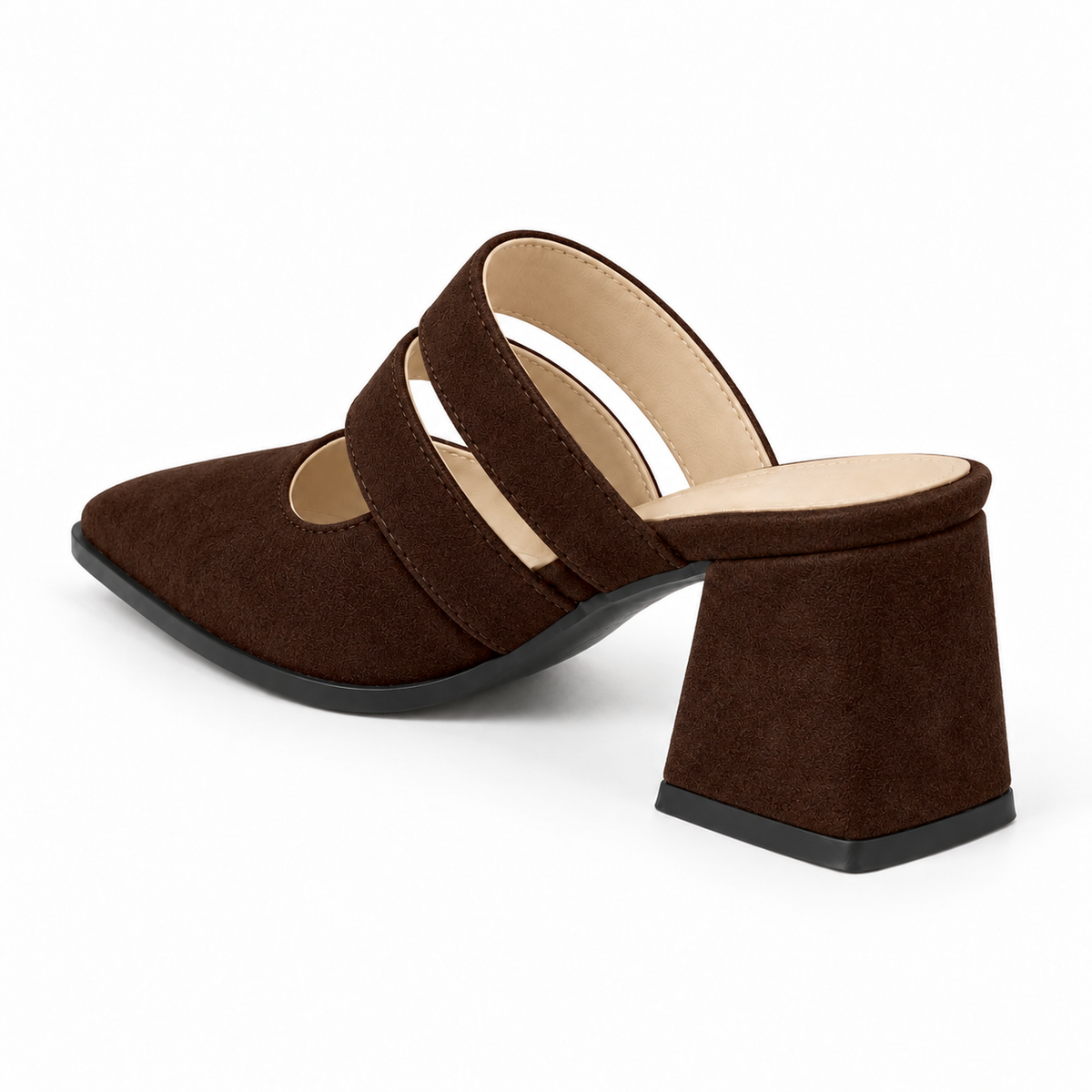 Double Strap Mules Chocolate – ميول حريمي بكعب شمواه صناعي شوكولاتة، من ورا – ECADRA