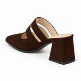 Double Strap Mules Chocolate – ميول حريمي بكعب شمواه صناعي شوكولاتة، من ورا – ECADRA