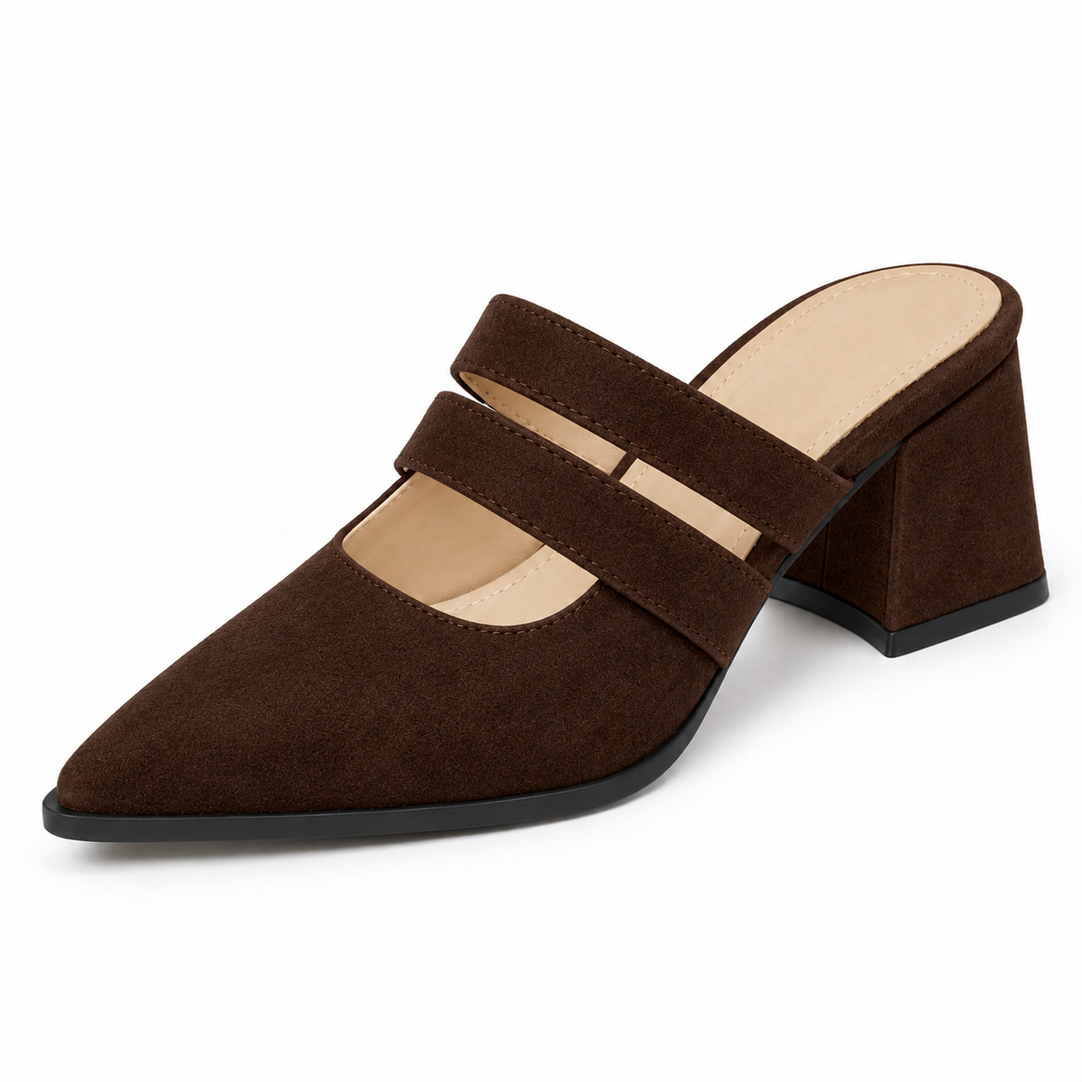 Double Strap Mules Chocolate – ميول حريمي بكعب شمواه صناعي شوكولاتة، من قدام – ECADRA