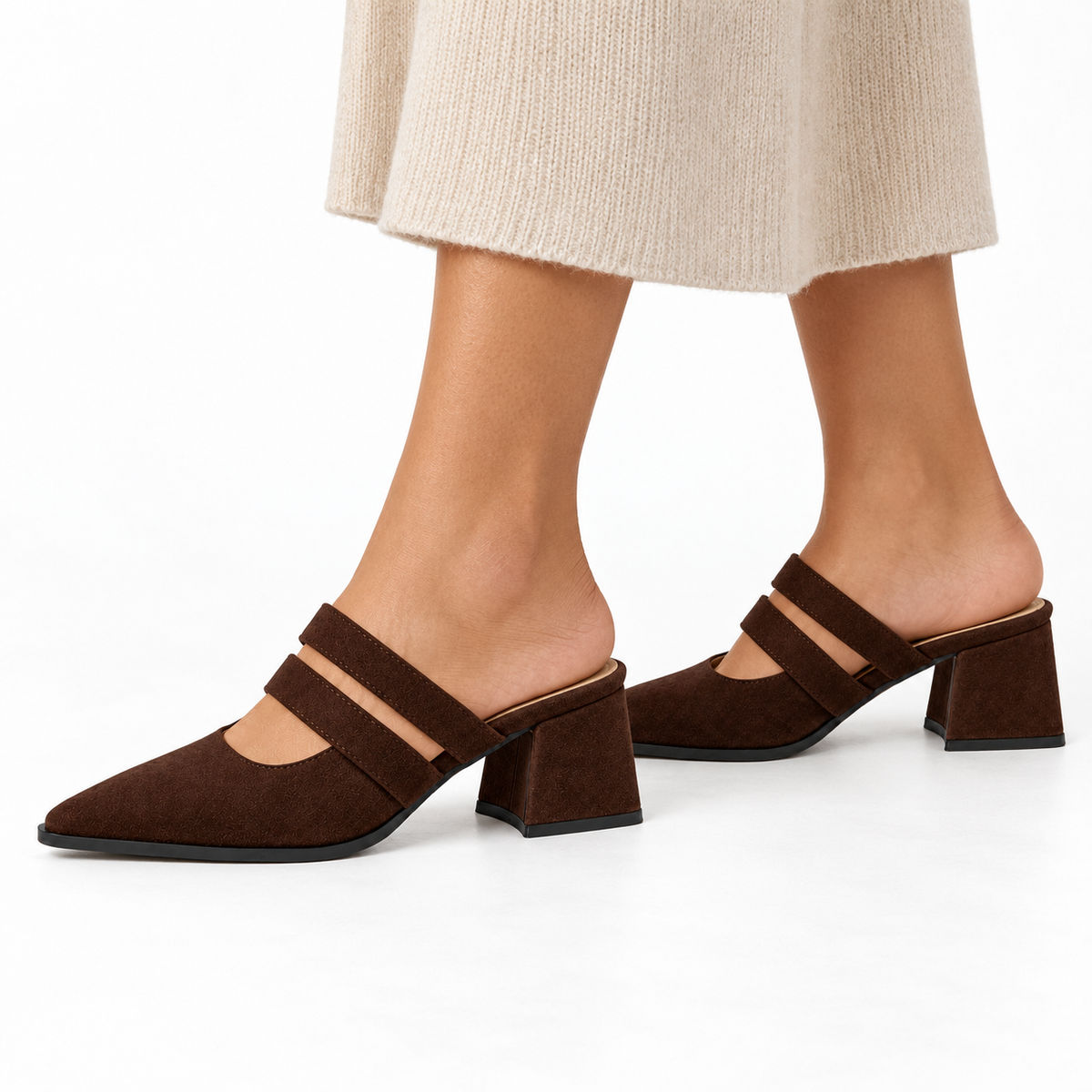 Double Strap Mules Chocolate – ميول حريمي بكعب شمواه صناعي شوكولاتة، على الرجل – ECADRA