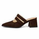 Double Strap Mules Chocolate – ميول حريمي بكعب شمواه صناعي شوكولاتة، من الجنب – ECADRA