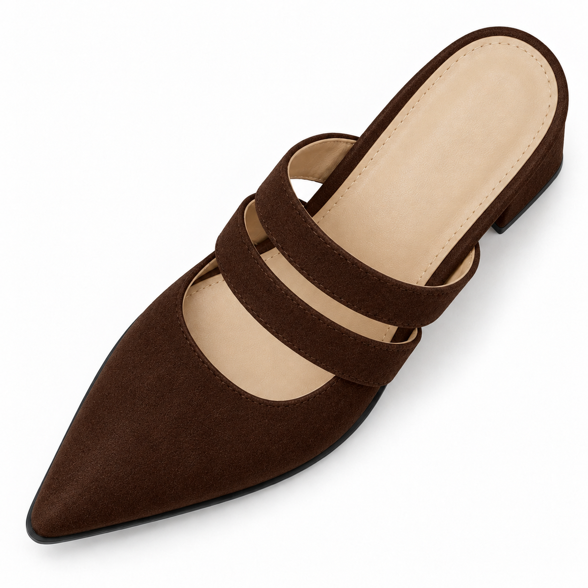 Double Strap Mules Chocolate – ميول حريمي بكعب شمواه صناعي شوكولاتة، من فوق – ECADRA