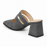 Double Strap Mules Gray – ميول حريمي بكعب شمواه صناعي رمادي، من ورا – ECADRA
