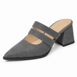 Double Strap Mules Gray – ميول حريمي بكعب شمواه صناعي رمادي، من قدام – ECADRA