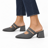 Double Strap Mules Gray – ميول حريمي بكعب شمواه صناعي رمادي، على الرجل – ECADRA
