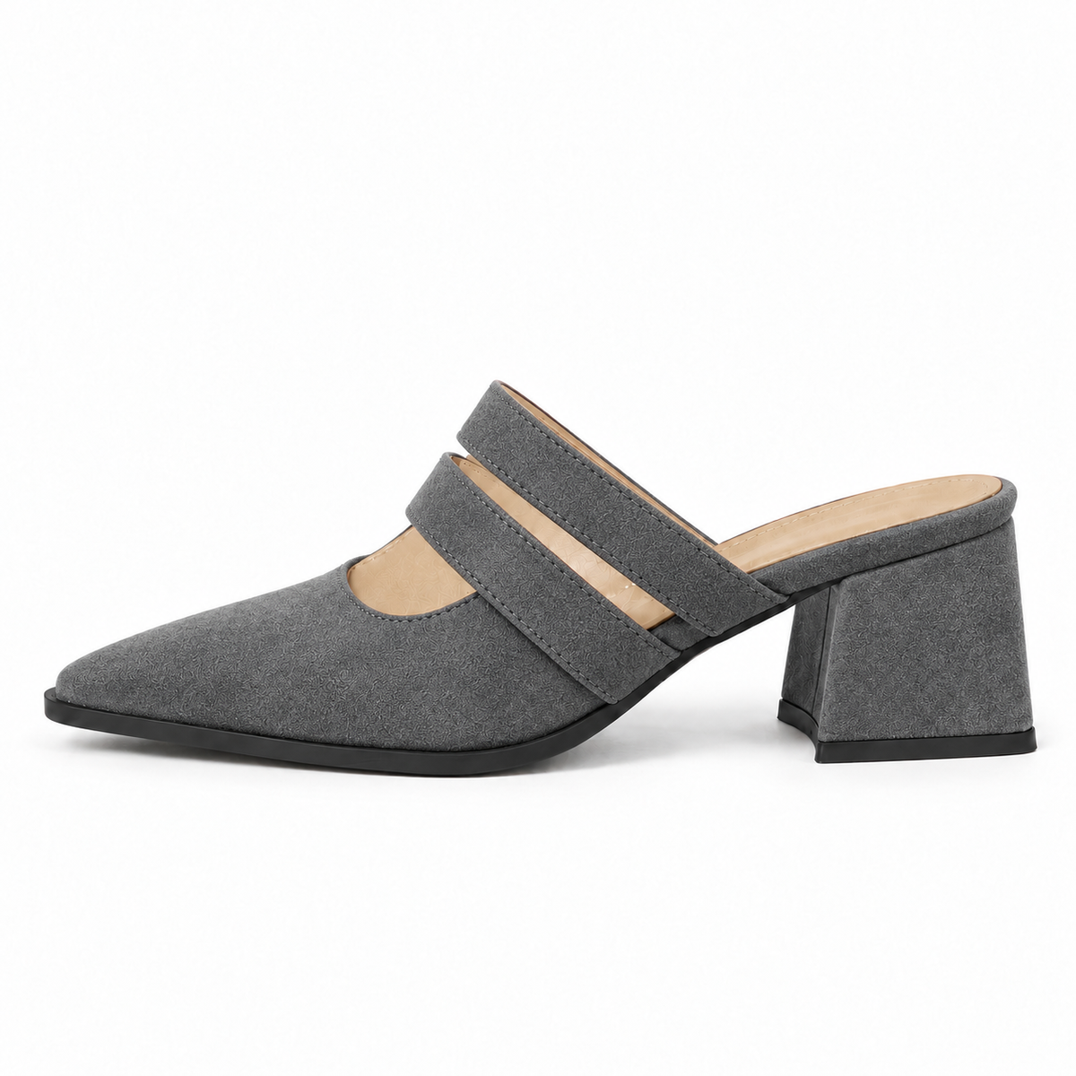 Double Strap Mules Gray – ميول حريمي بكعب شمواه صناعي رمادي، من الجنب – ECADRA