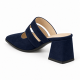 Double Strap Mules Navy – ميول حريمي بكعب شمواه صناعي كحلي، من ورا – ECADRA
