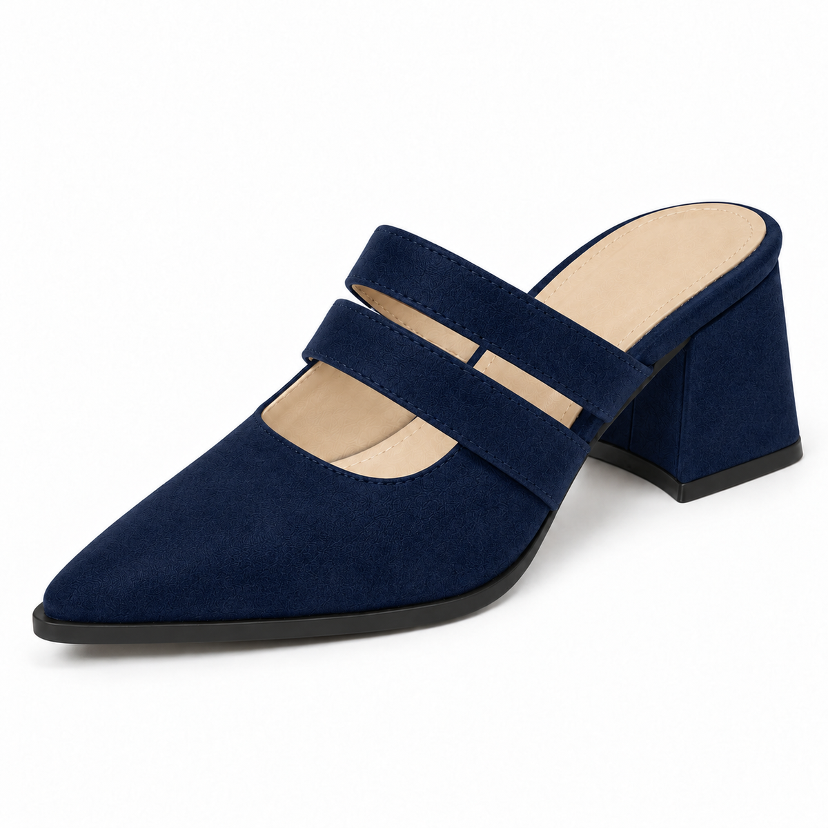 Double Strap Mules Navy – ميول حريمي بكعب شمواه صناعي كحلي، من قدام – ECADRA