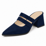 Double Strap Mules Navy – ميول حريمي بكعب شمواه صناعي كحلي، من قدام – ECADRA