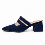 Double Strap Mules Navy – ميول حريمي بكعب شمواه صناعي كحلي، من الجنب – ECADRA