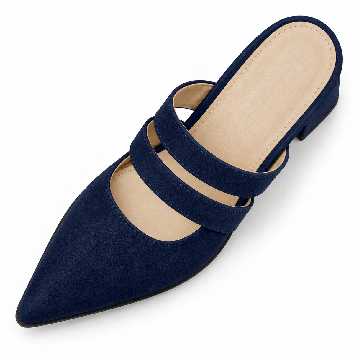 Double Strap Mules Navy – ميول حريمي بكعب شمواه صناعي كحلي، من فوق – ECADRA