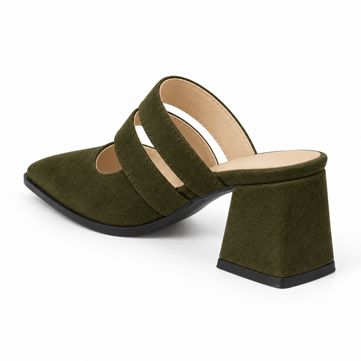 Double Strap Mules Olive – ميول حريمي بكعب شمواه صناعي زيتي، من ورا – ECADRA