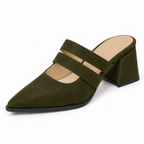 Double Strap Mules Olive – ميول حريمي بكعب شمواه صناعي زيتي، من قدام – ECADRA