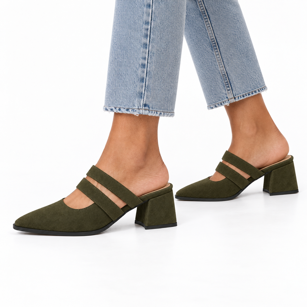 Double Strap Mules Olive – ميول حريمي بكعب شمواه صناعي زيتي، على الرجل – ECADRA