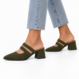 Double Strap Mules Olive – ميول حريمي بكعب شمواه صناعي زيتي، على الرجل – ECADRA