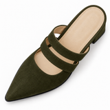 Double Strap Mules Olive – ميول حريمي بكعب شمواه صناعي زيتي، من فوق – ECADRA