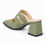 Double Strap Mules Pistachio – ميول حريمي بكعب شمواه صناعي فستقي، من ورا – ECADRA