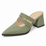 Double Strap Mules Pistachio – ميول حريمي بكعب شمواه صناعي فستقي، من قدام – ECADRA