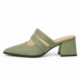 Double Strap Mules Pistachio – ميول حريمي بكعب شمواه صناعي فستقي، من الجنب – ECADRA