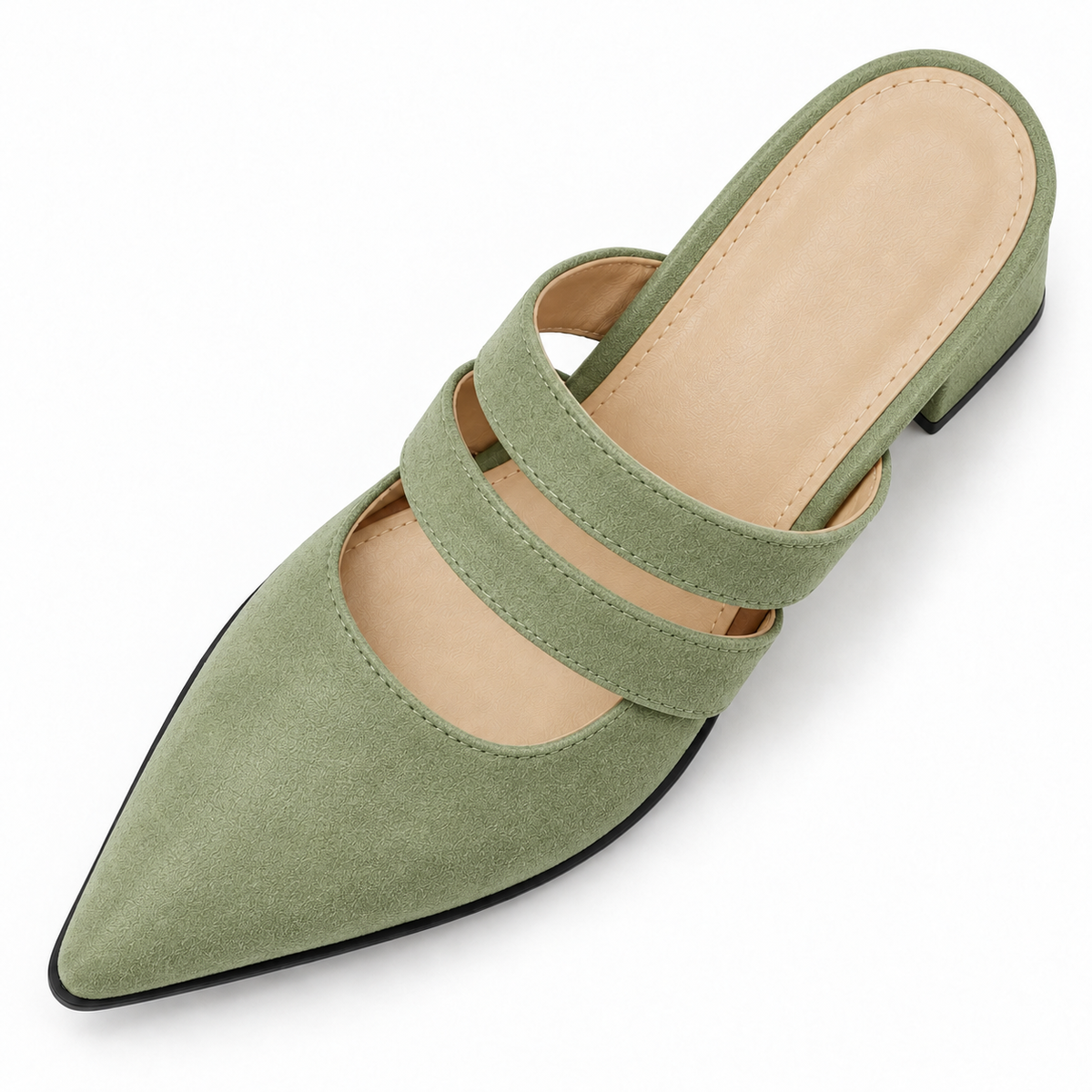 Double Strap Mules Pistachio – ميول حريمي بكعب شمواه صناعي فستقي، من فوق – ECADRA