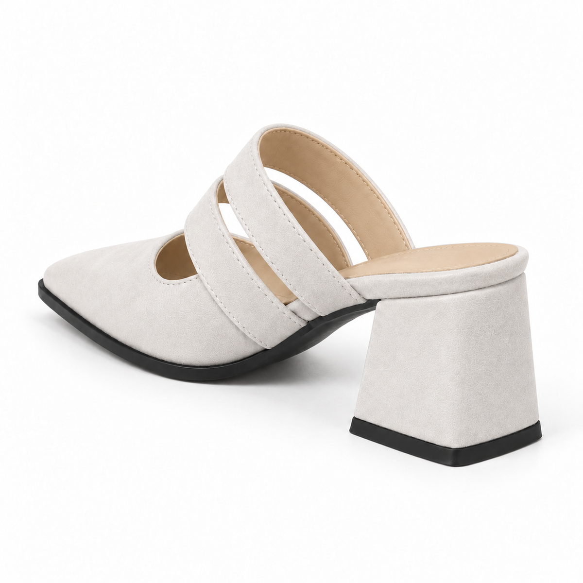 Double Strap Mules White – ميول حريمي بكعب شمواه صناعي أبيض، من ورا – ECADRA
